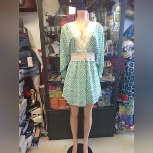 Peach love womens agua polyester v-neck Long Sleeve Knee length dress size M.